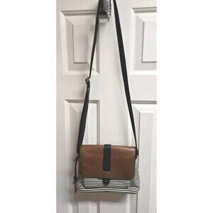 FOSSIL Kinley Front Flap Pocket Crossbody Black White Striped Fabric Tan Leather